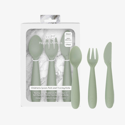 Happy Utensils in Sage by ezpz / Silicone Spoon, Fork and Knife Set for Kids 