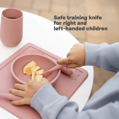 ezpz Happy Utensils include a safe training knife for right and left handed children