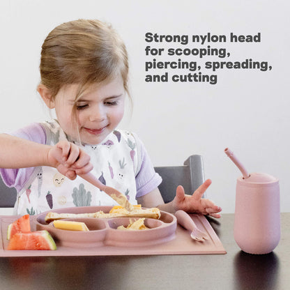 ezpz Happy Utensils feature a strong nylon head for scooping, piercing, spreading, and cutting