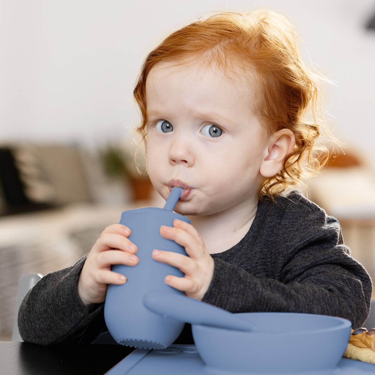 Happy Cup and Straw in Indigo Blue / Silicone Cup with Lid and Straw for Toddlers by ezpz