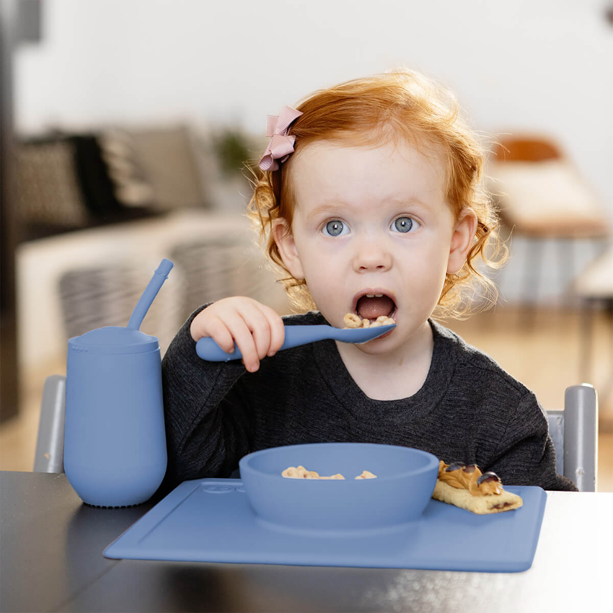 Happy Utensils in Indigo Blue by ezpz / Silicone Spoon, Fork and Knife Set for Kids