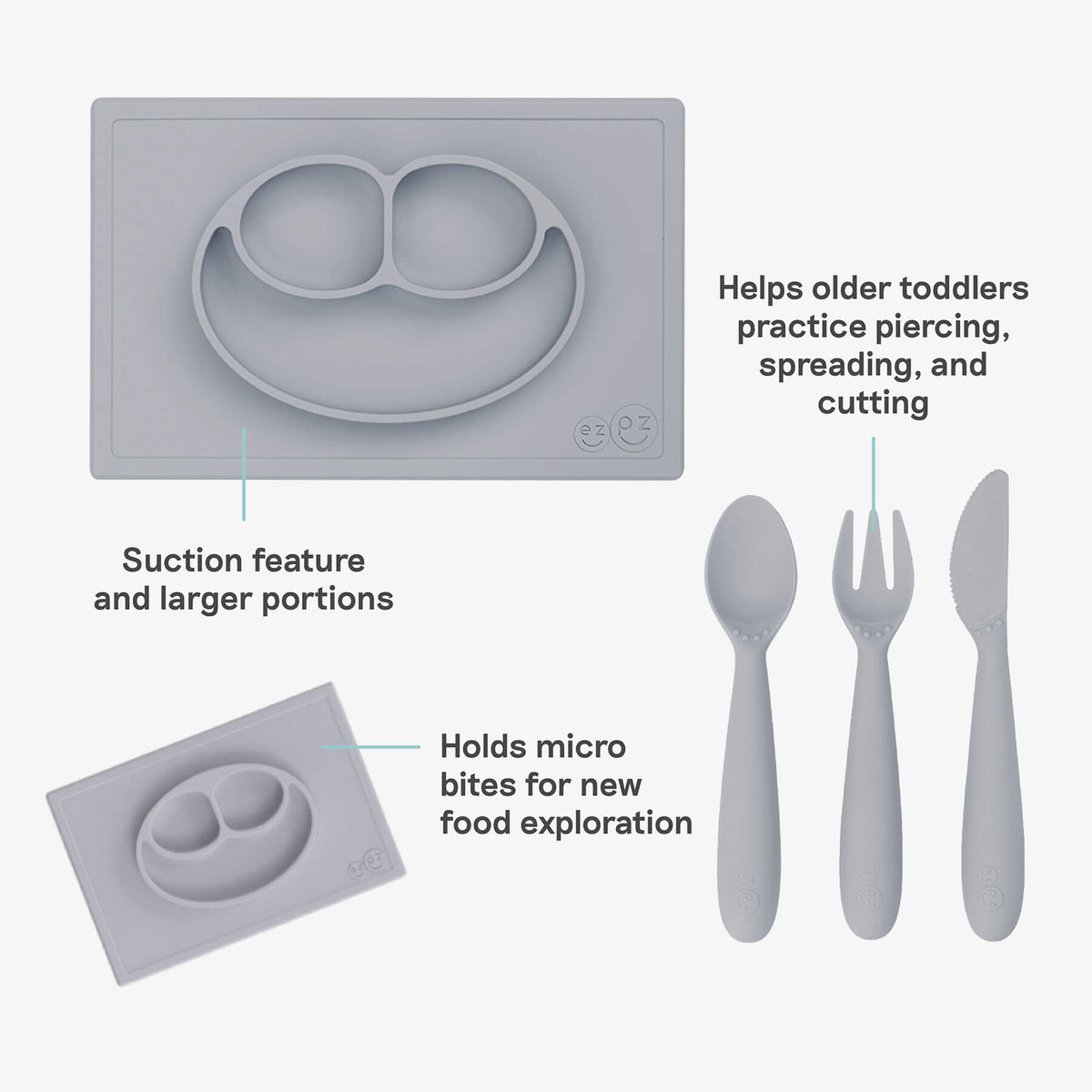 ezpz Kit 4 - Celebrate Mealtime Independence in Pewter Gray includes the Happy Mat, Happy Utensils, and Micro Mat 