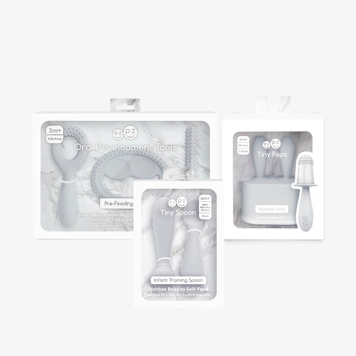 Motor Planning System in Pewter Gray by ezpz / The Motor Planning System includes the Oral Development Tools, Tiny Pops and Tiny Spoons