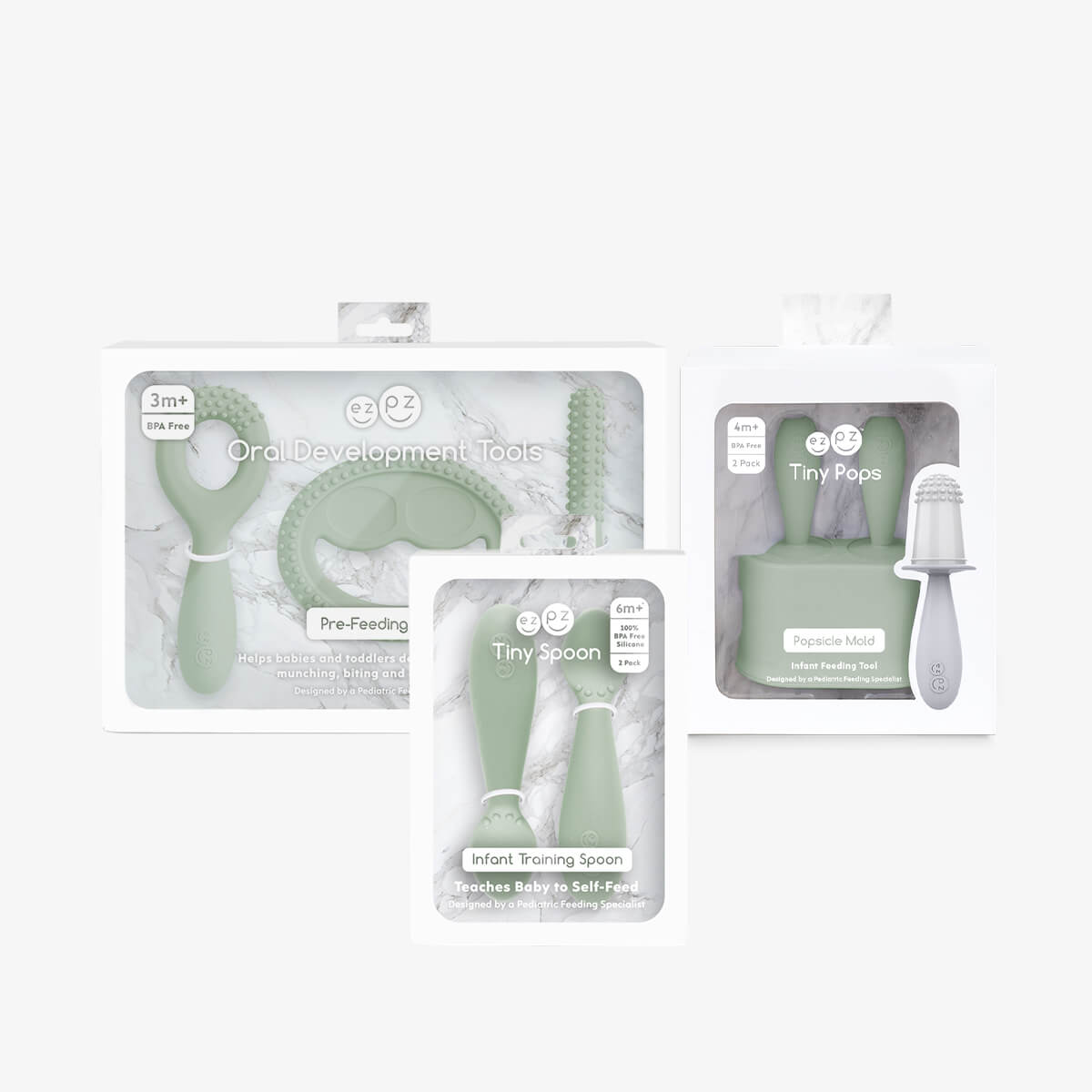 Motor Planning System in Sage Green by ezpz / The Motor Planning System includes the Oral Development Tools, Tiny Pops and Tiny Spoons