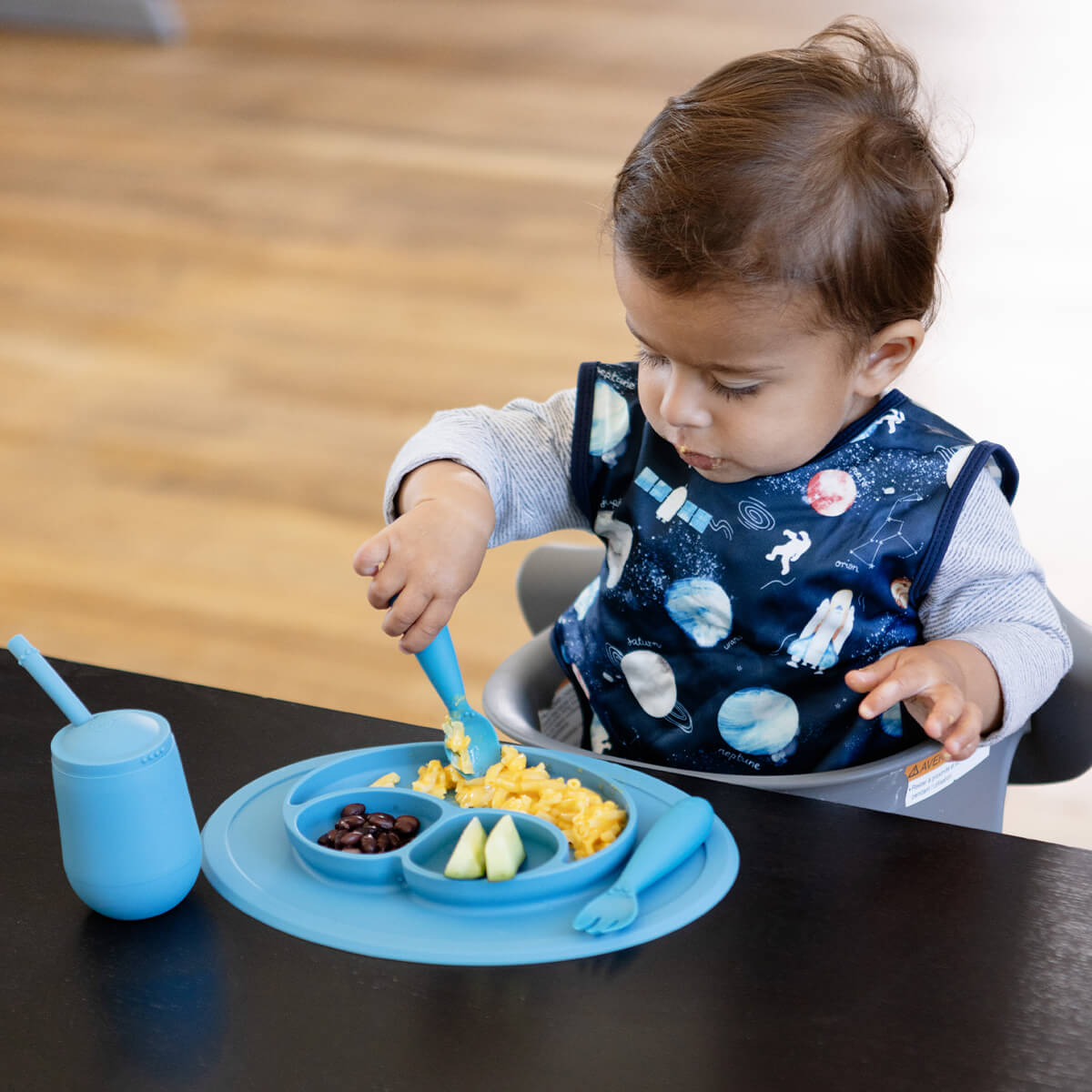 Mini Feeding Set in Blue by ezpz / Silicone Plate, Fork & Spoon for Toddlers