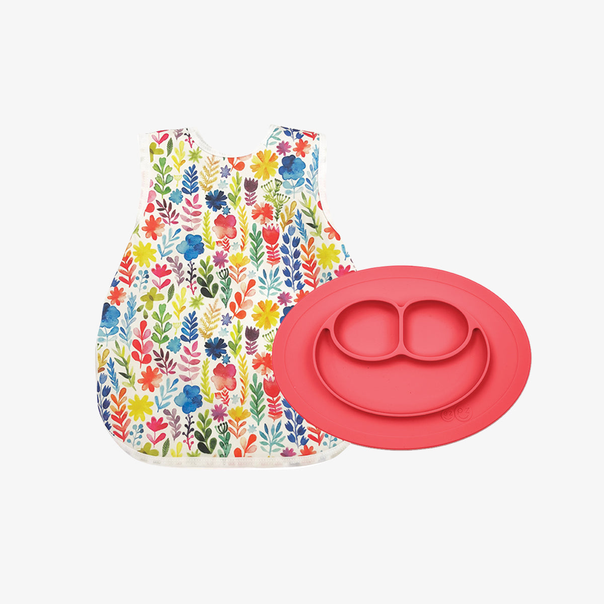The Mini Mat + Bapron Bundle by ezpz / Coral + Rainbow Watercolor Floral / Unique Baby Shower Gift Idea