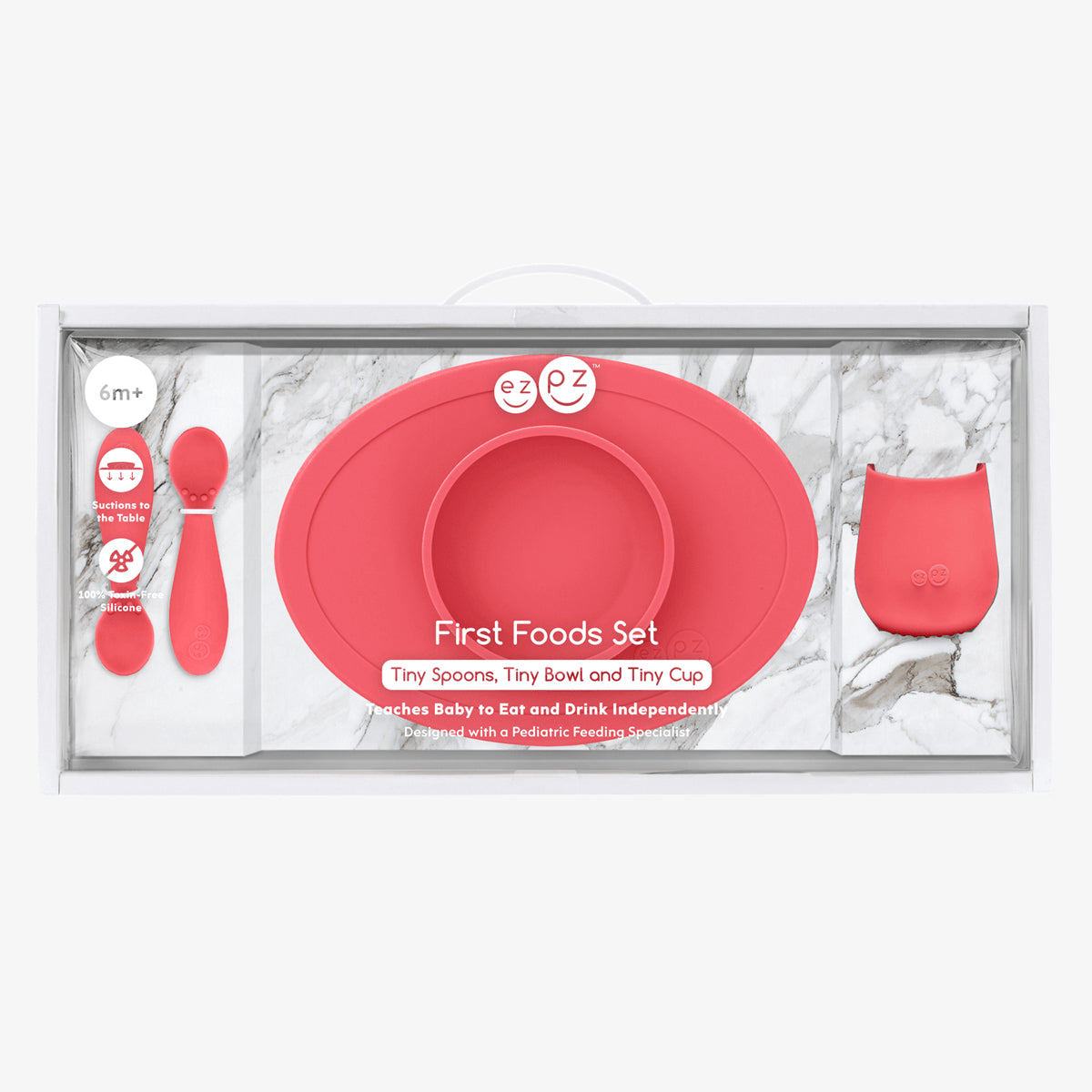 First Foods Set in Coral by ezpz / The Original All-In-One Silicone Plates & Placemats that Stick to the Table