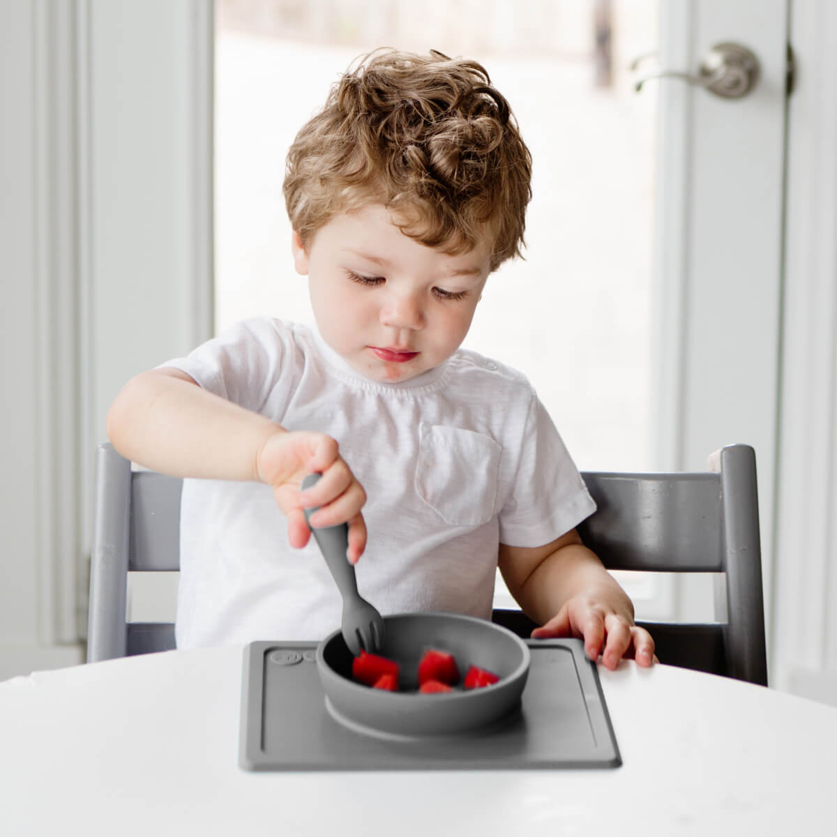 Mini Utensils in Gray by ezpz / Sensory Silicone Fork & Spoon for Toddlers