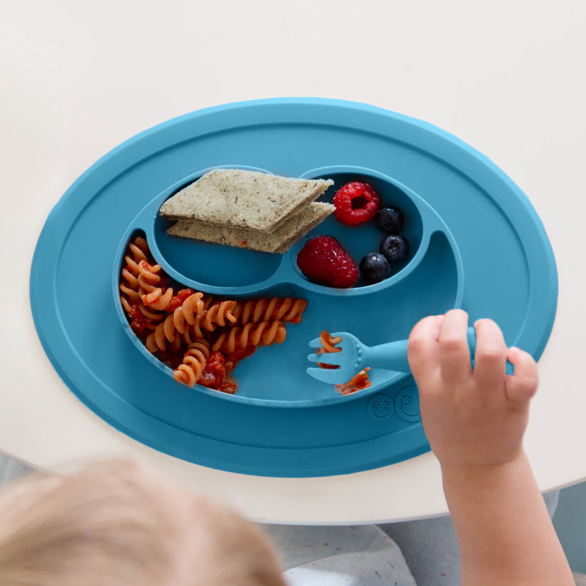 Mini Feeding Set in Blue by ezpz / Silicone Plate, Fork & Spoon for Toddlers