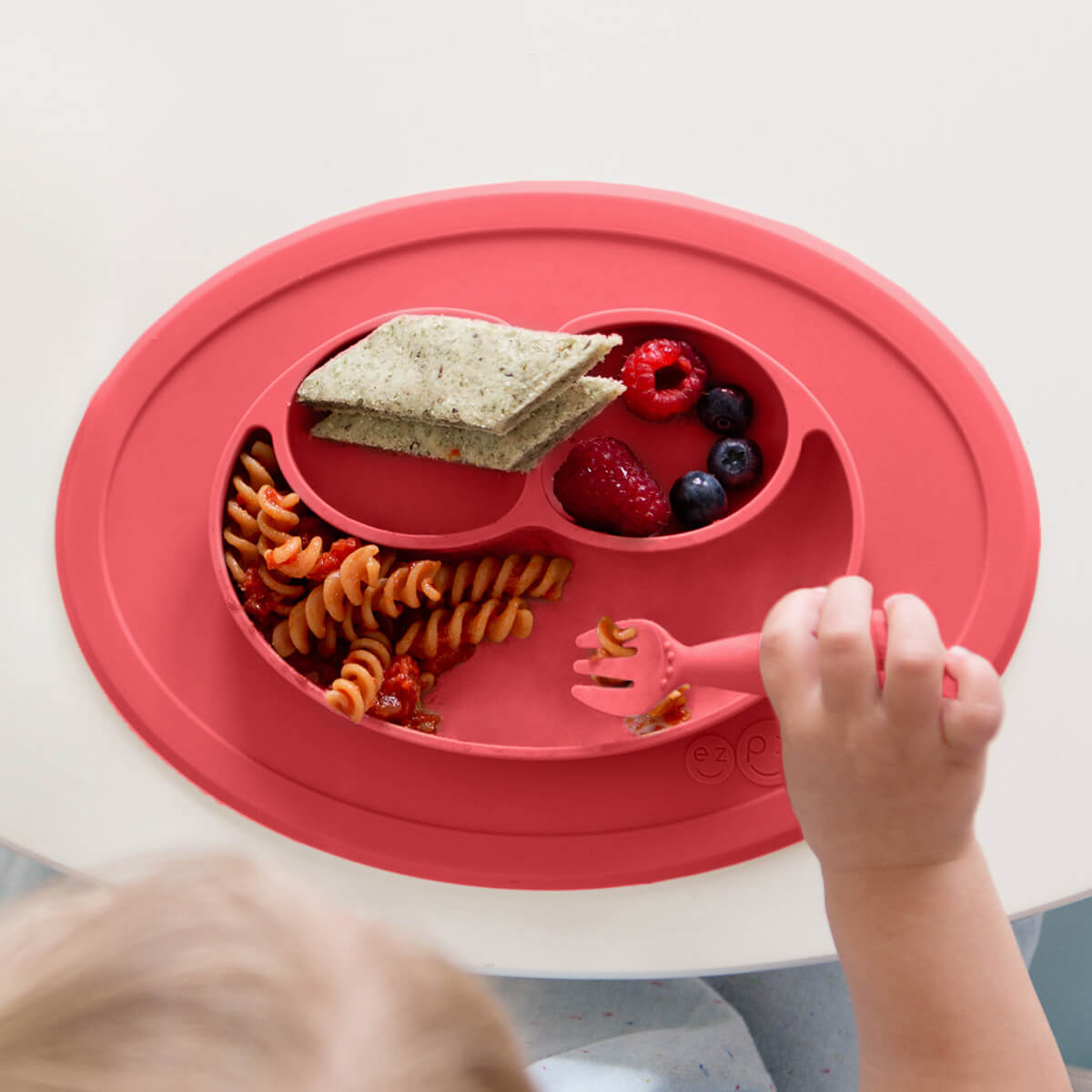 Mini Feeding Set in Coral by ezpz / Silicone Plate, Fork & Spoon for Toddlers