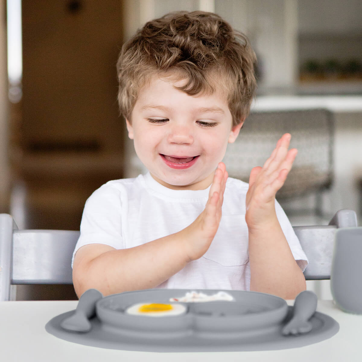 Mini Feeding Set in Gray by ezpz / Silicone Plate, Fork & Spoon for Toddlers