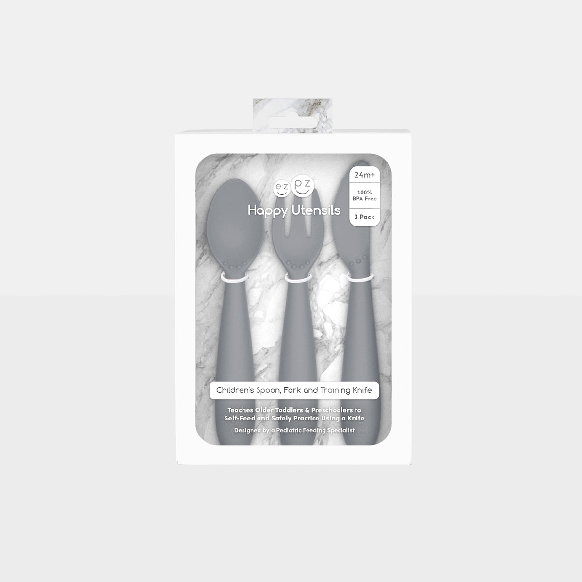 Happy Utensils in Gray by ezpz / Silicone Spoon, Fork and Knife Set for Kids