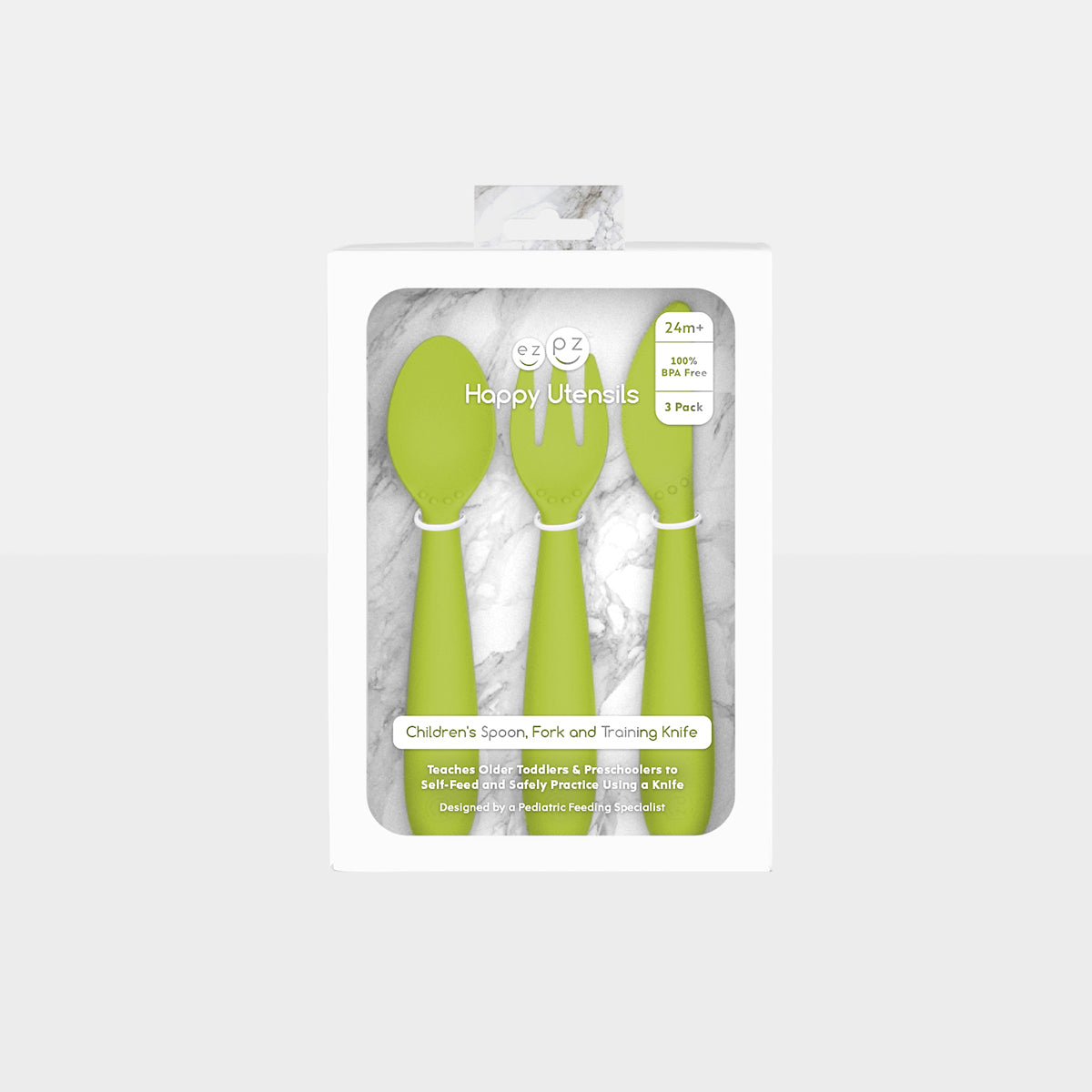 Happy Utensils in Lime by ezpz / Silicone Spoon, Fork and Knife Set for Kids