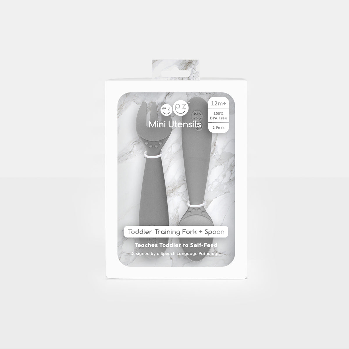 Mini Utensils in Gray by ezpz / Sensory Silicone Fork & Spoon for Toddlers