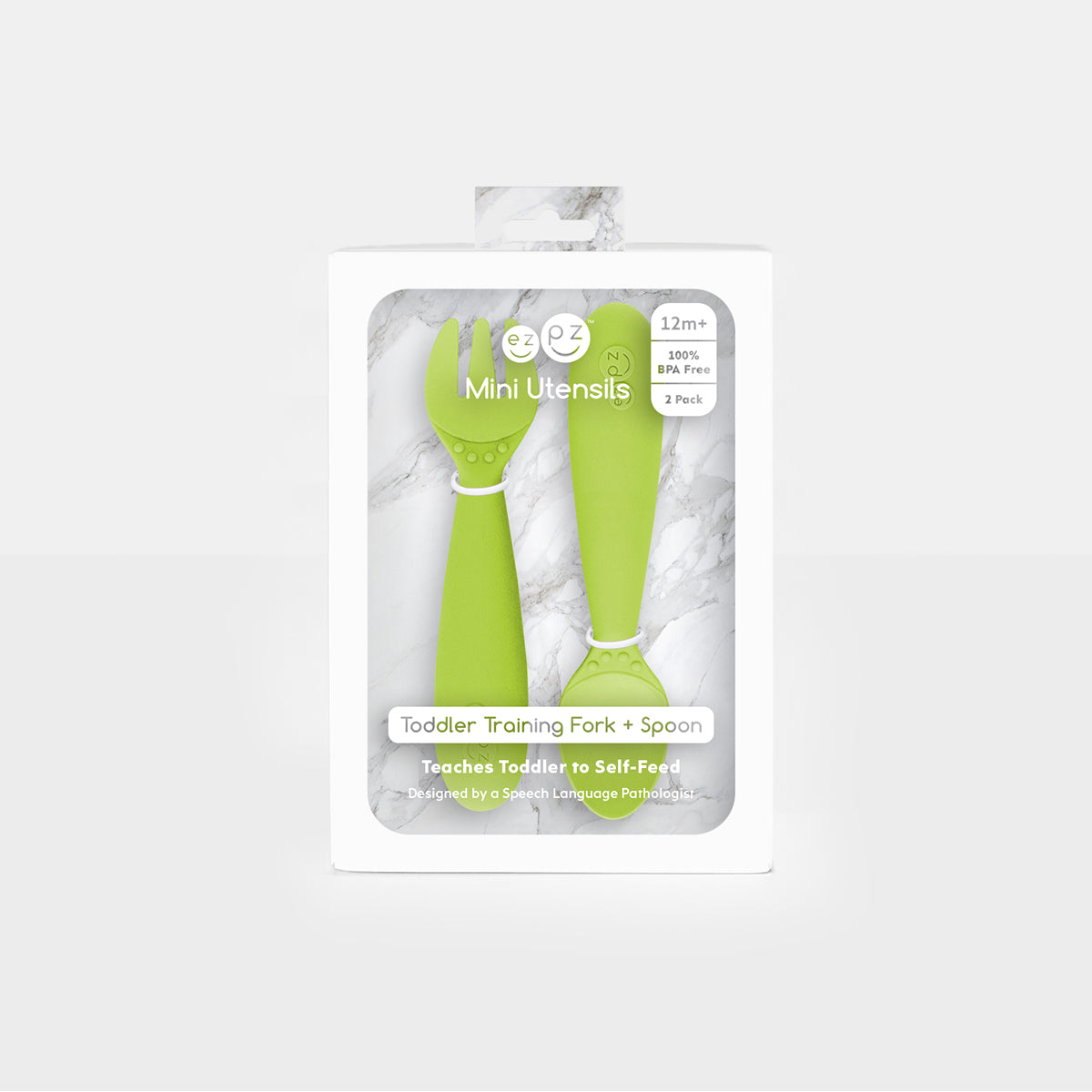 Mini Utensils in Lime by ezpz / Sensory Silicone Fork & Spoon for Toddlers