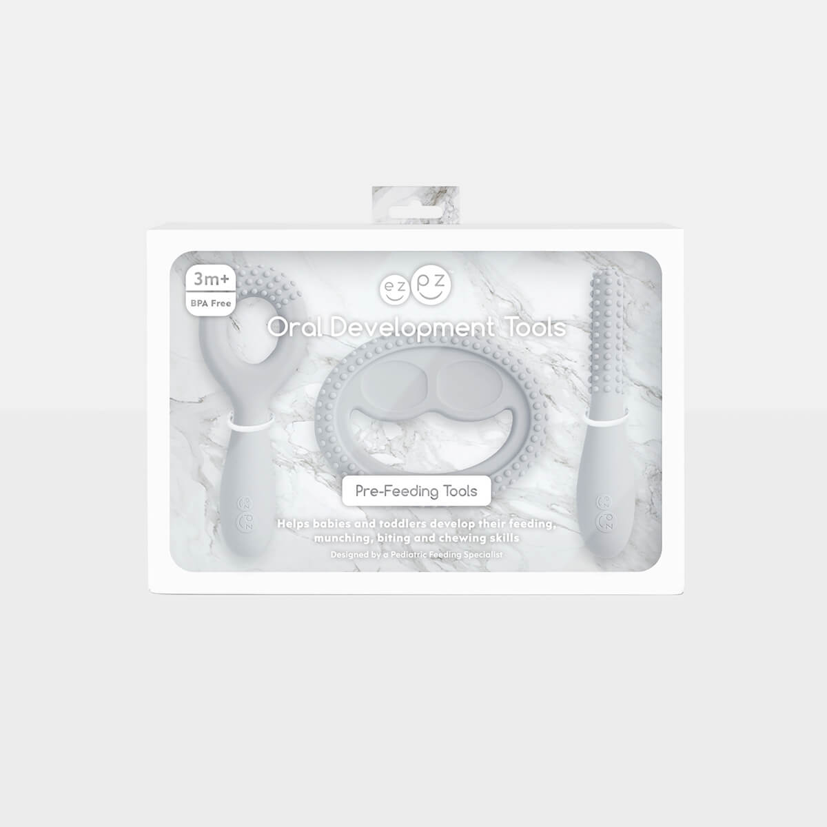 ezpz oral development tools in pewter light gray / silicone teethers for motor skill development