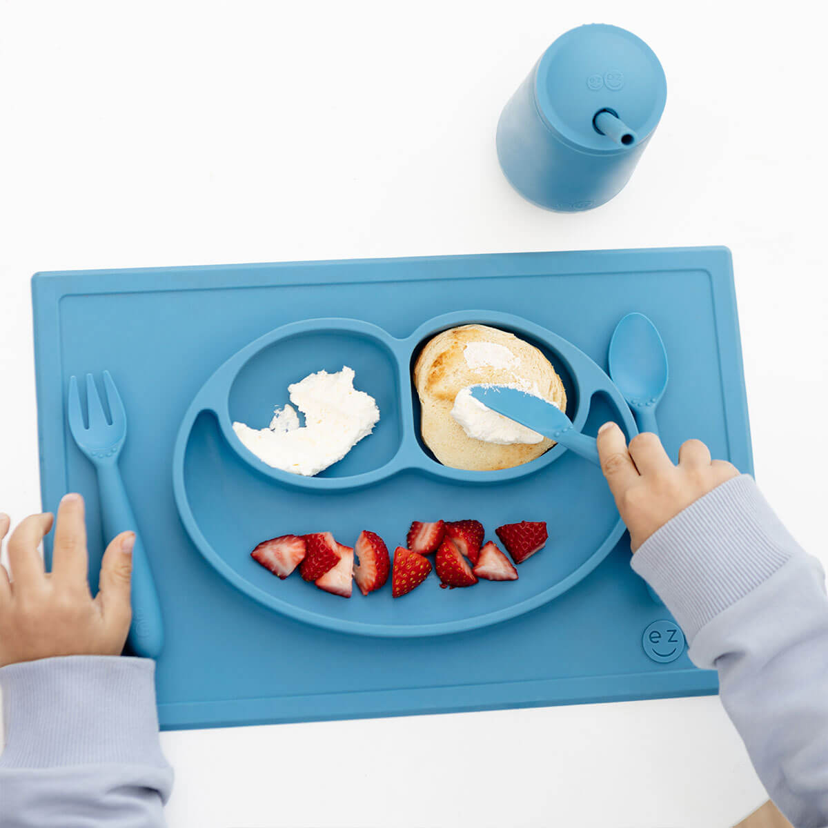 Happy Utensils in Blue by ezpz / Silicone Spoon, Fork and Knife Set for Kids