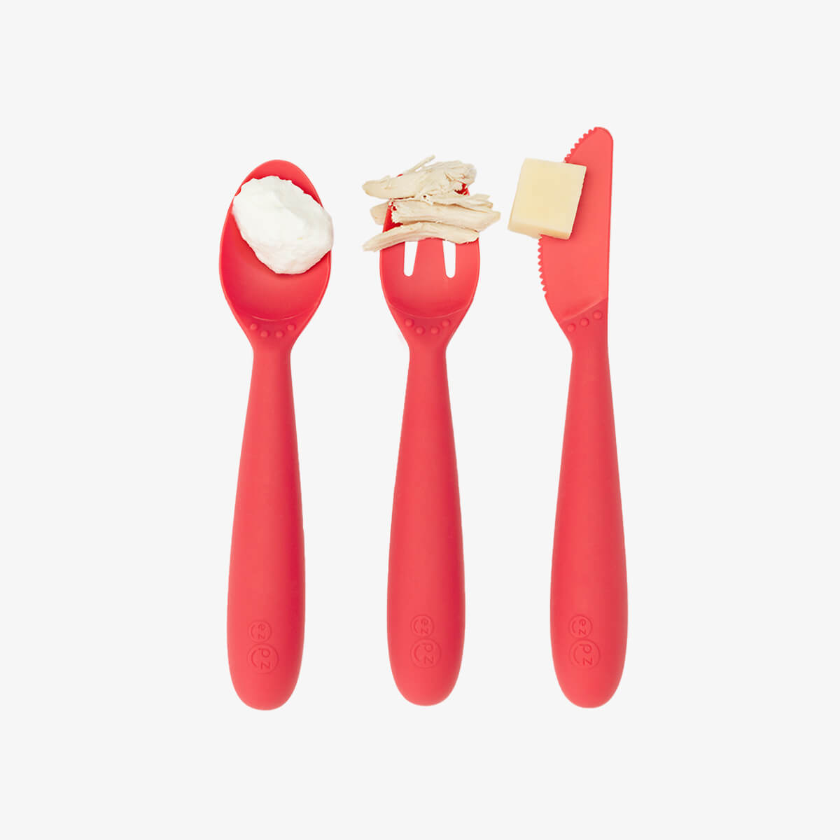 Happy Utensils in Coral by ezpz / Silicone Spoon, Fork and Knife Set for Kids