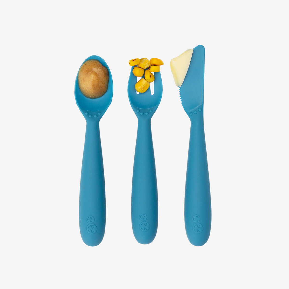 Happy Utensils in Blue by ezpz / Silicone Spoon, Fork and Knife Set for Kids