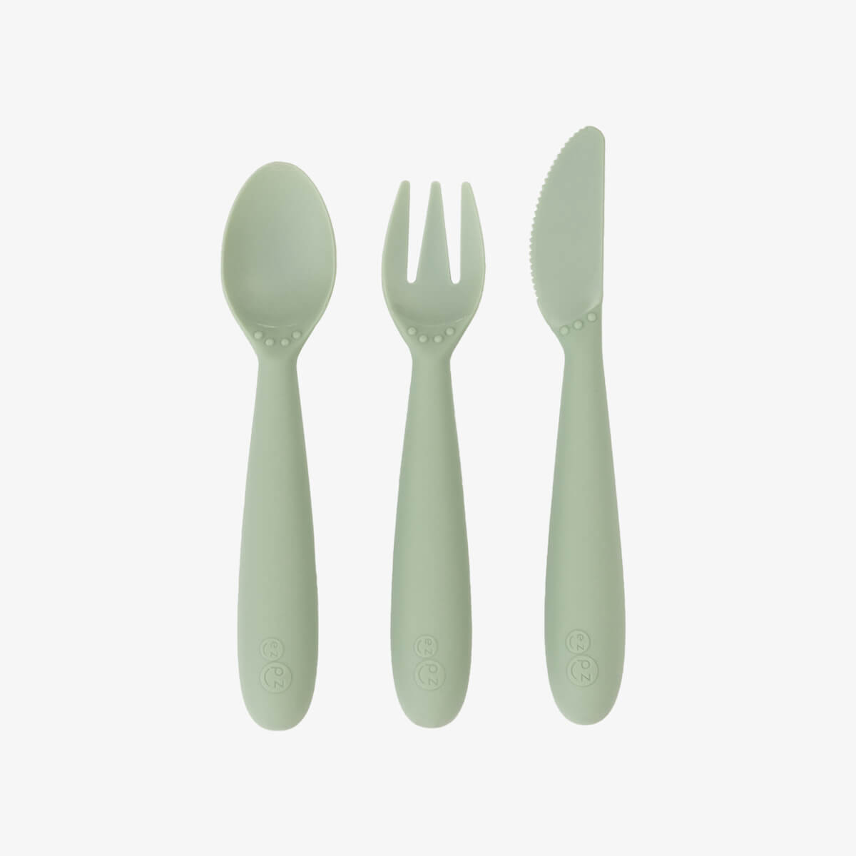 Happy Utensils in Sage by ezpz / Silicone Spoon, Fork and Knife Set for Kids