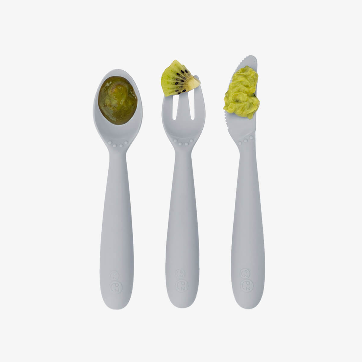Happy Utensils in Pewter by ezpz / Silicone Spoon, Fork and Knife Set for Kids