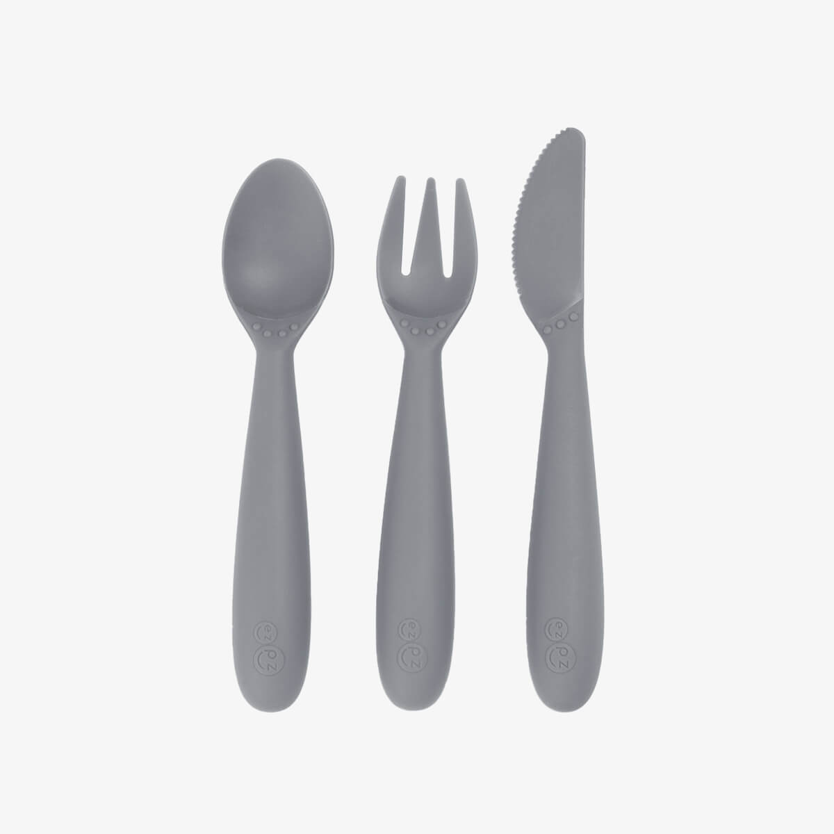 Happy Utensils in Gray by ezpz / Silicone Spoon, Fork and Knife Set for Kids