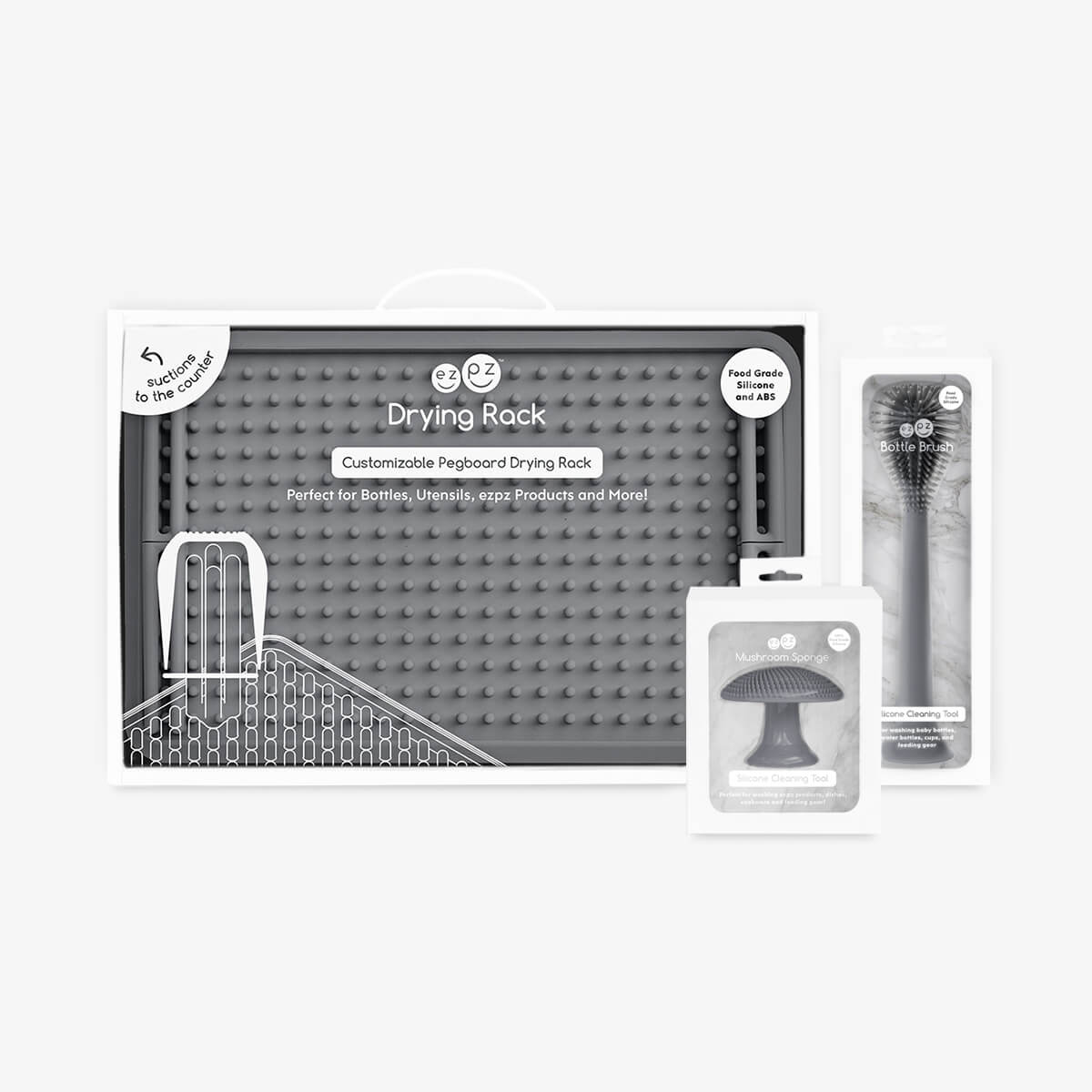 Cleaning Bundle in Gray by ezpz | Silicone Sponge, Bottle Brush & Drying Rack