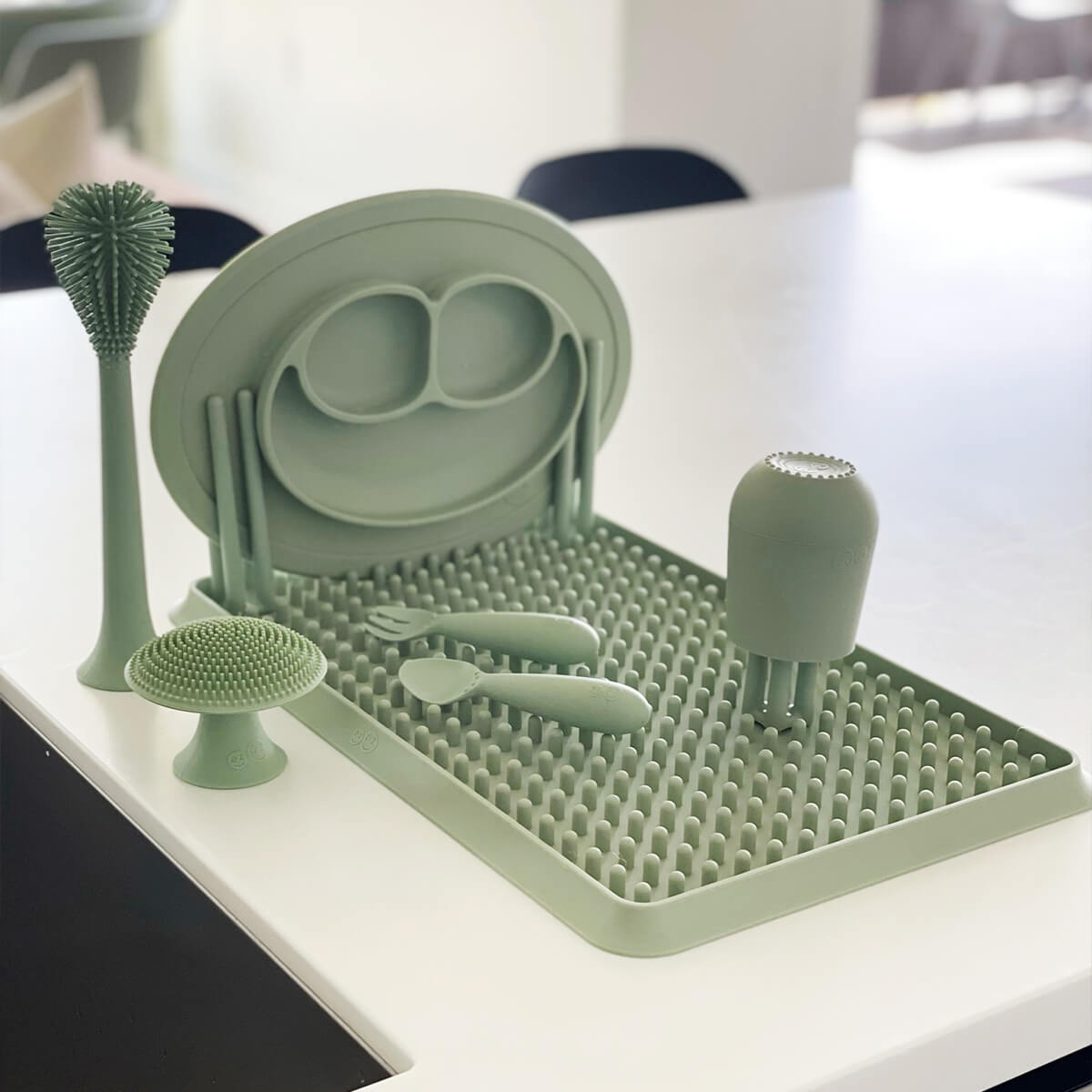 Cleaning Bundle in Sage by ezpz | Silicone Sponge, Bottle Brush & Drying Rack