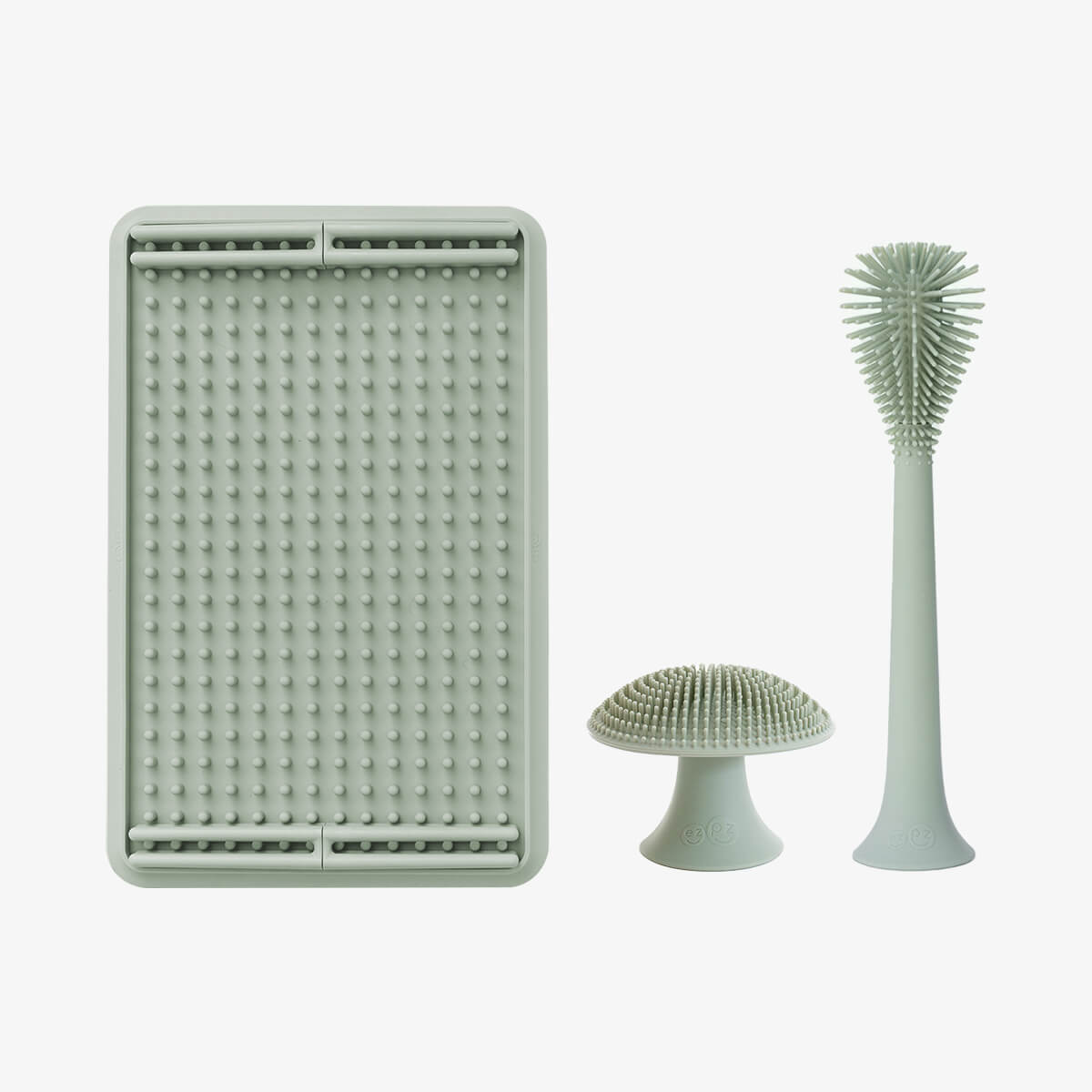 Cleaning Bundle in Sage by ezpz | Silicone Sponge, Bottle Brush & Drying Rack