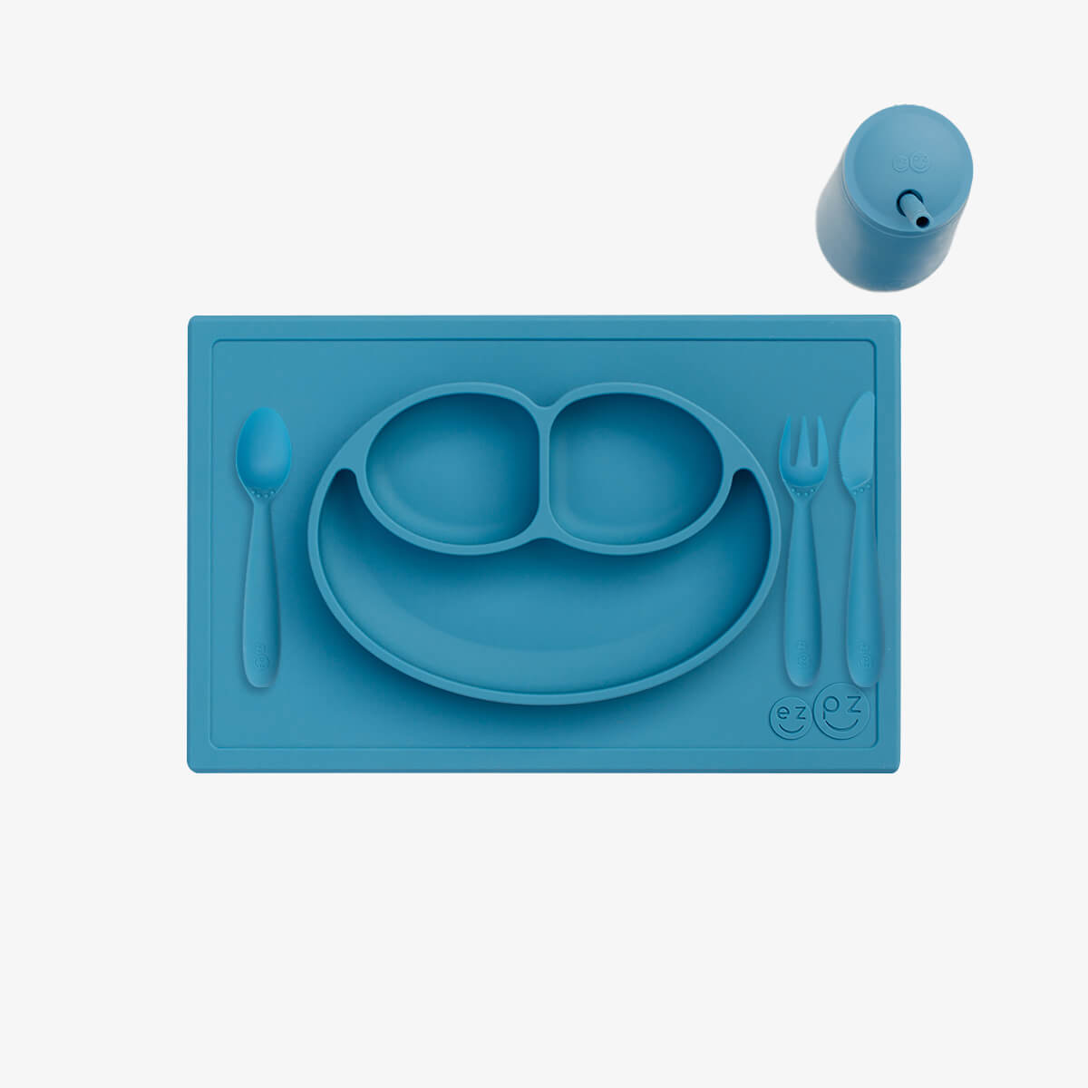 ezpz Happy Feeding Set in Blue / Silicone, Self-Suctioning Plate, Silicone Cup and Straw, Training Utensils for Toddlers