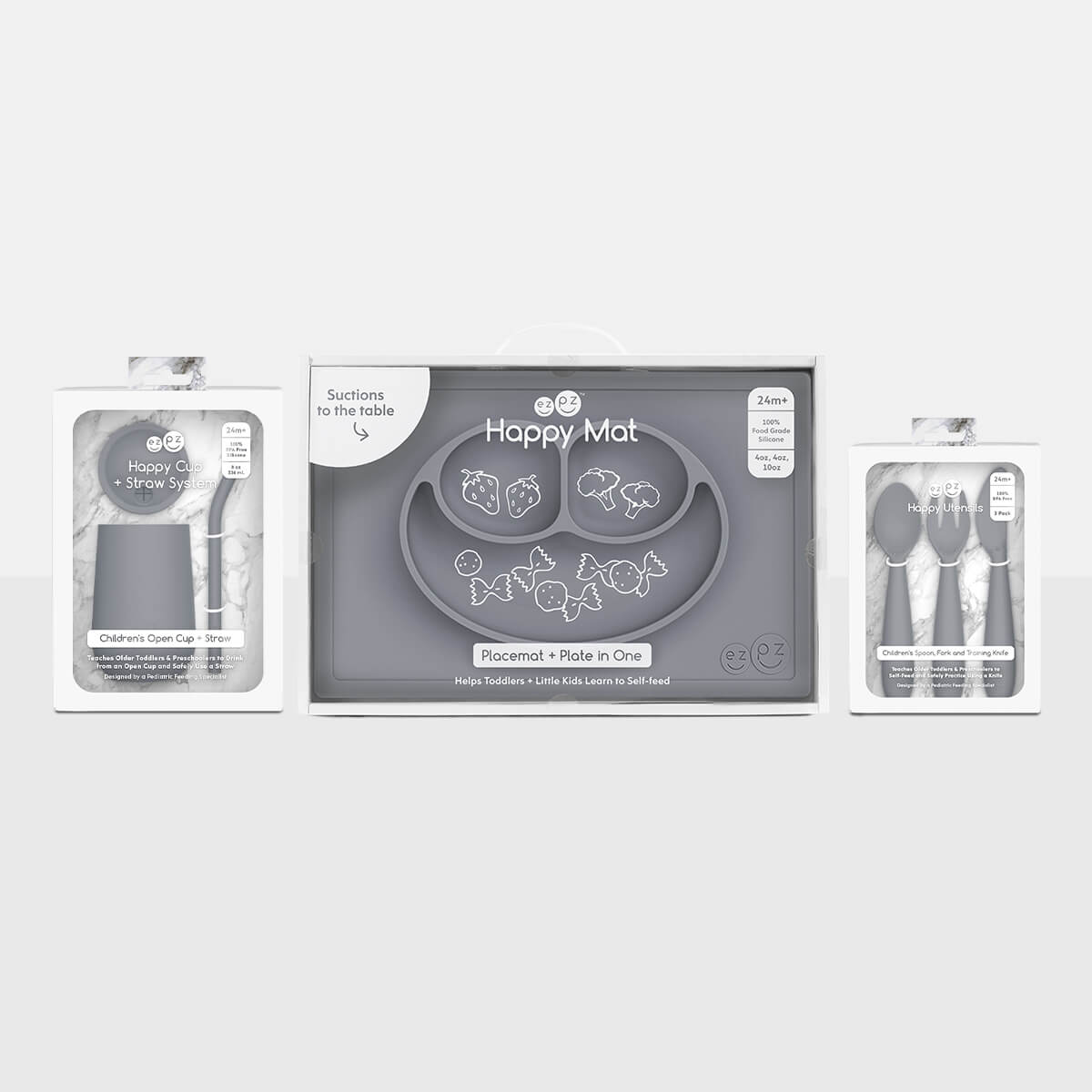 ezpz Happy Feeding Set in Gray / Silicone, Self-Suctioning Plate, Silicone Cup and Straw, Training Utensils for Toddlers