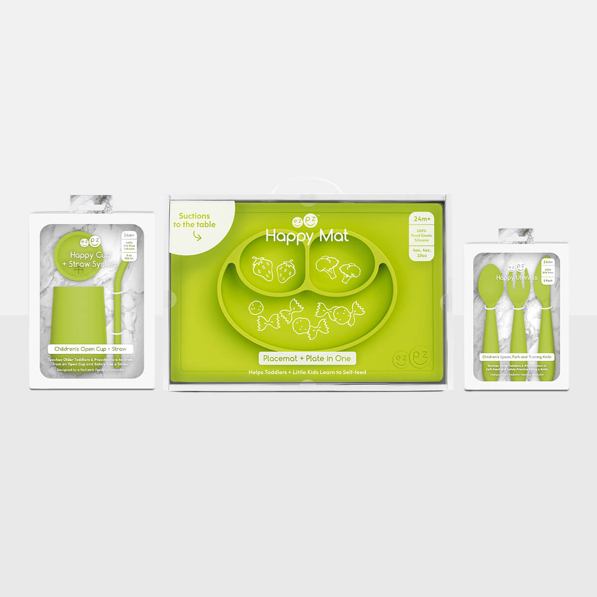 ezpz Happy Feeding Set in Lime / Silicone, Self-Suctioning Plate, Silicone Cup and Straw, Training Utensils for Toddlers
