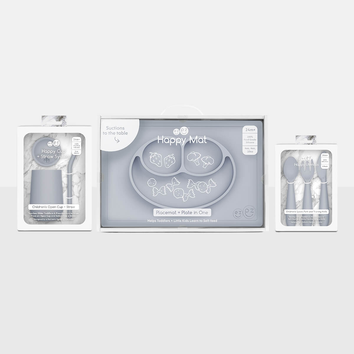 ezpz Happy Feeding Set in Pewter / Silicone, Self-Suctioning Plate, Silicone Cup and Straw, Training Utensils for Toddlers