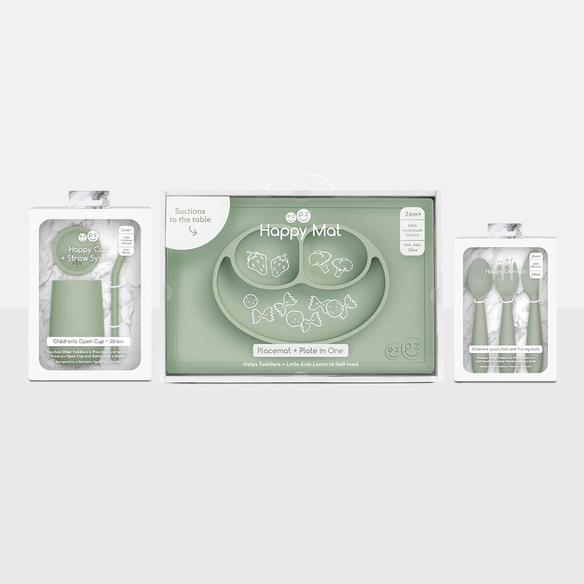 ezpz Happy Feeding Set in Sage / Silicone, Self-Suctioning Plate, Silicone Cup and Straw, Training Utensils for Toddlers