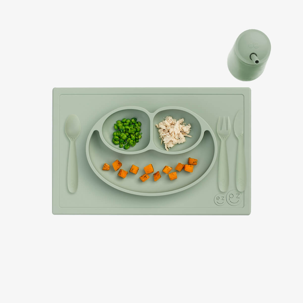 ezpz Happy Feeding Set in Sage / Silicone, Self-Suctioning Plate, Silicone Cup and Straw, Training Utensils for Toddlers