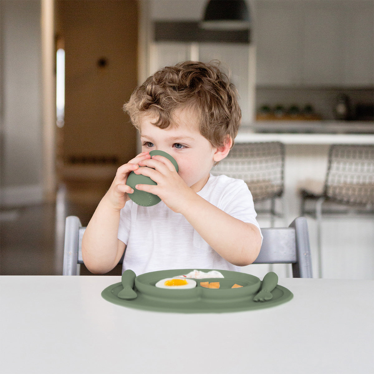 Mini Feeding Set in Olive by ezpz / Silicone Plate, Fork & Spoon for Toddlers